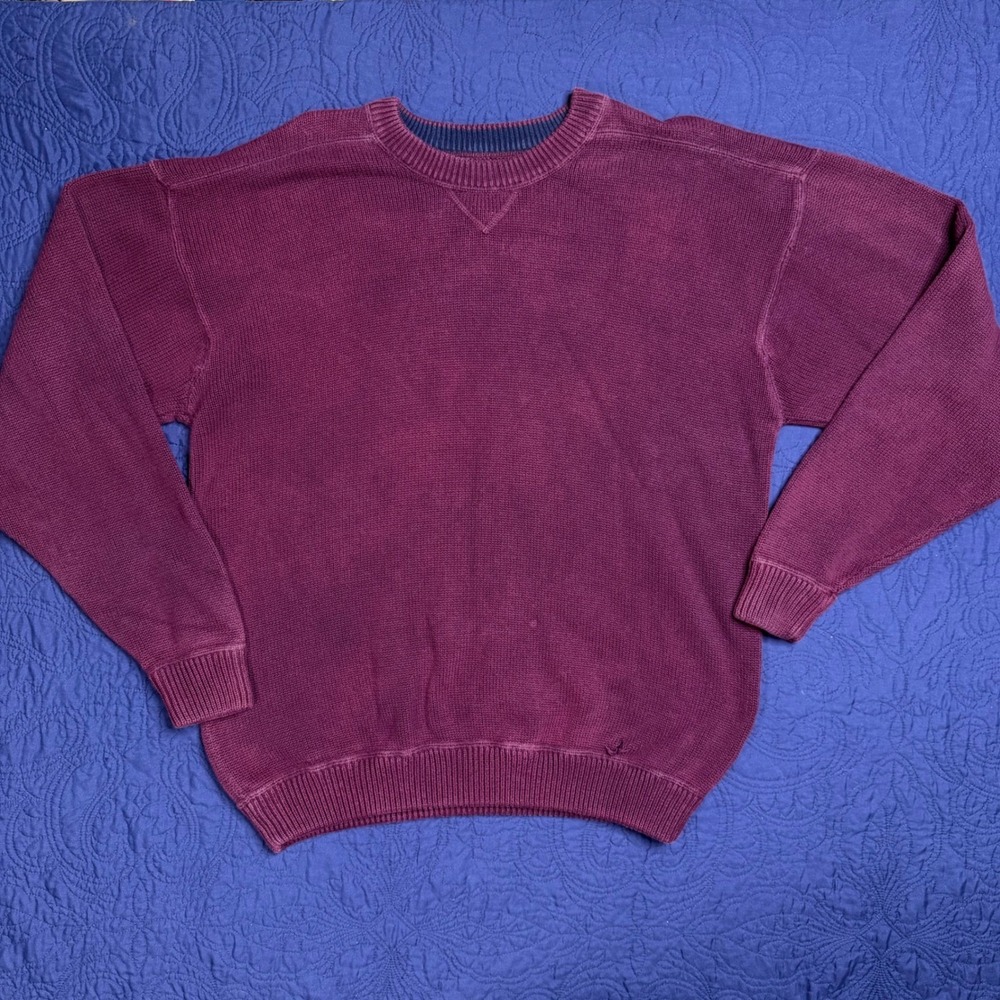 Eddie Bauer Mens XL Tall Burgundy Cotton Shaker Knit Crewneck Sweater Vintage